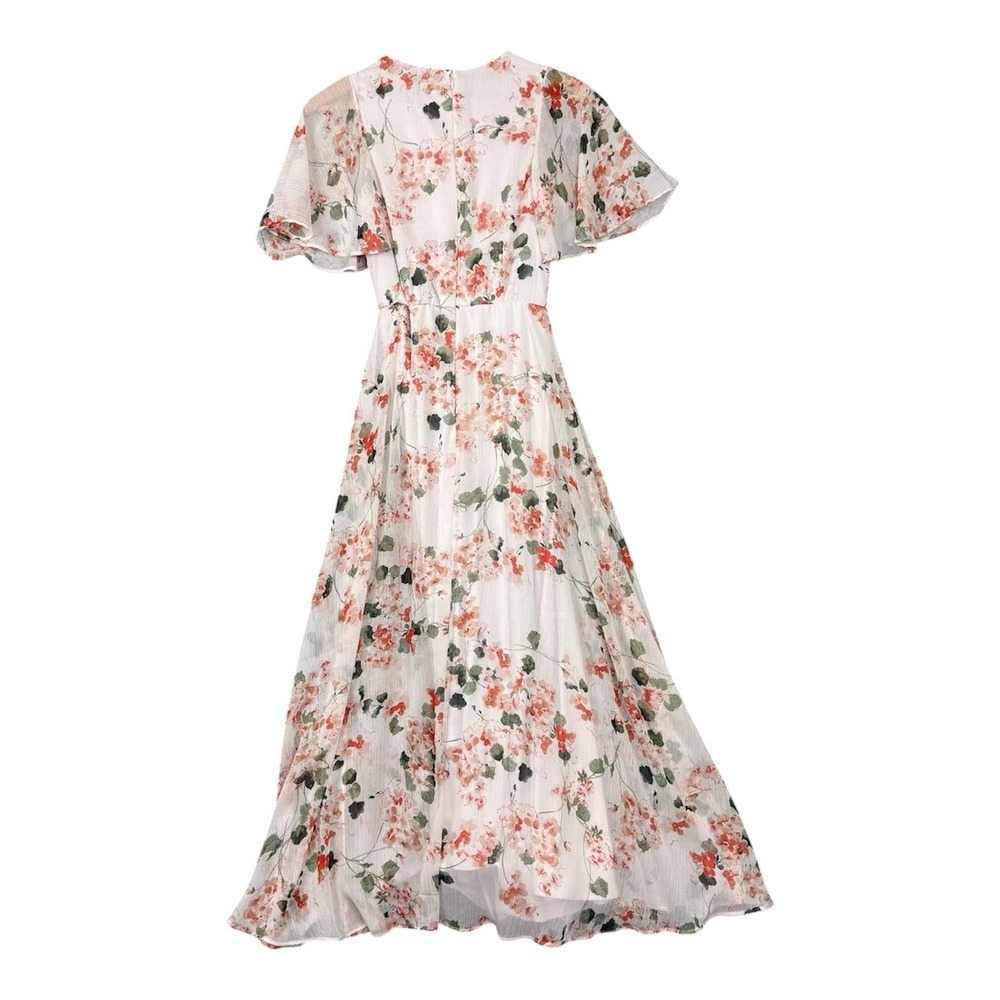 Calvin Klein Dress Womens 4 White Floral Chiffon Fit & Flare Maxi Lined Ruffle